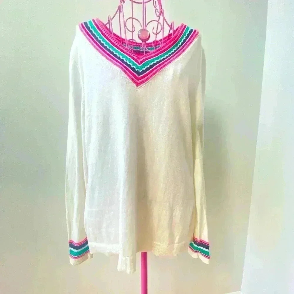 Talbots Stripe Sweater Women’s Size Medium V Neck Cream